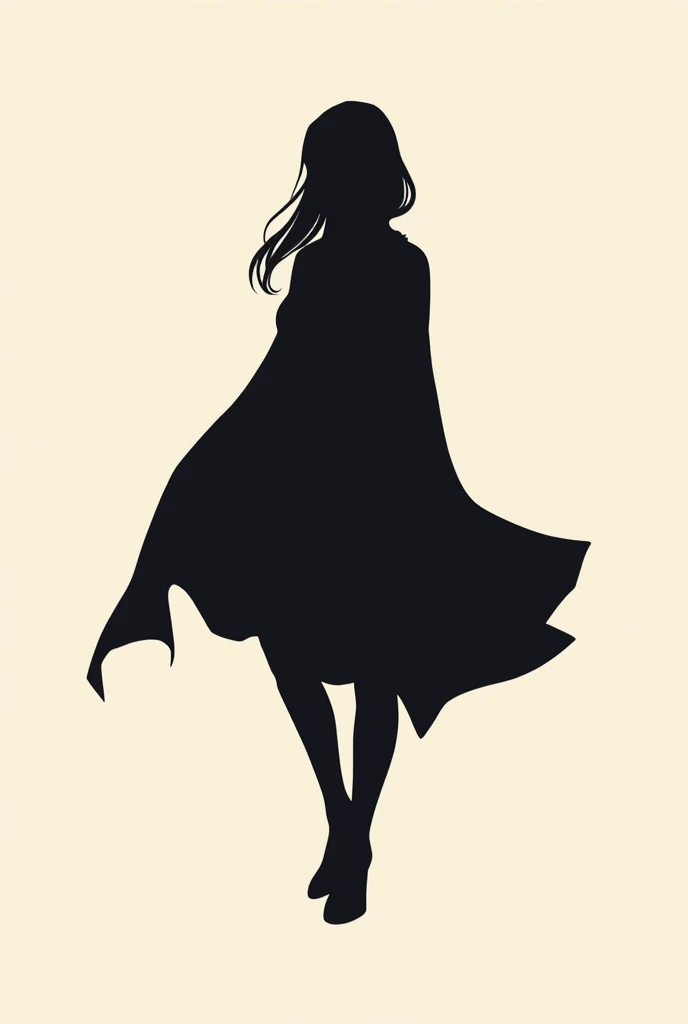 Simple 2d shadow of a female adventurer with a cape on her back. Just the silhouette.