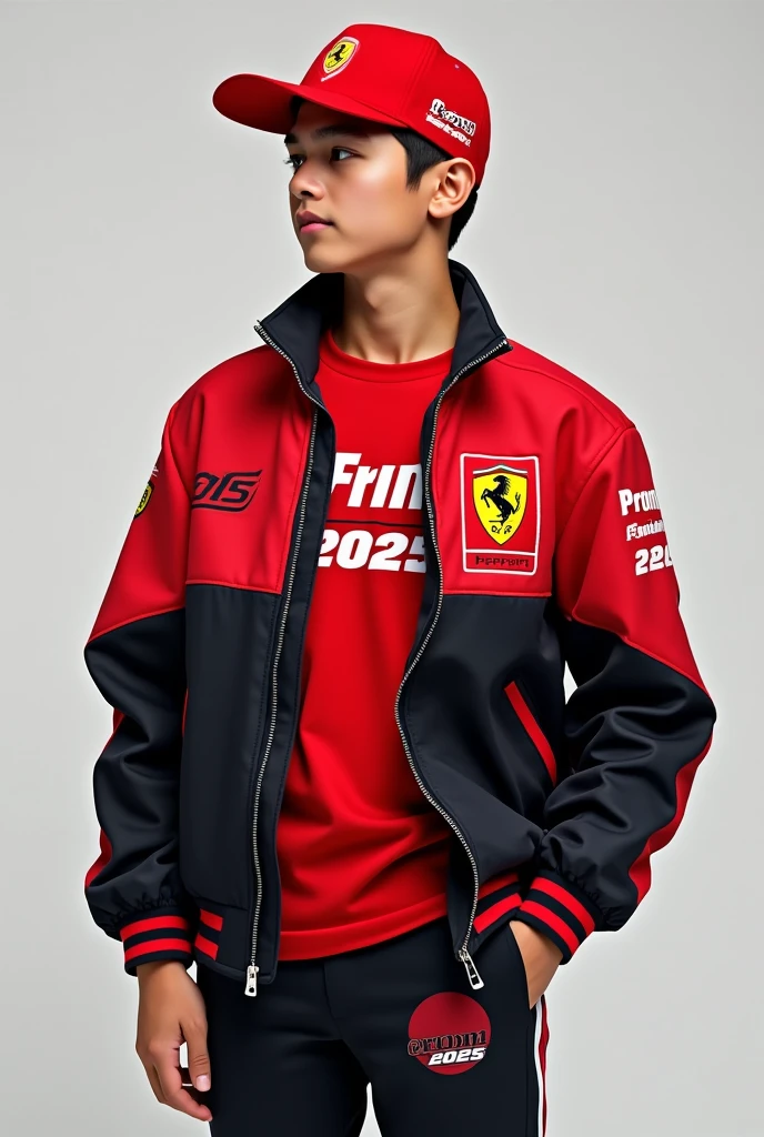  Create an F1 style jacket, chicken, Shirt and cap with that style but where it says Ferrari put prom 2025 and where it says F1 put 2025 