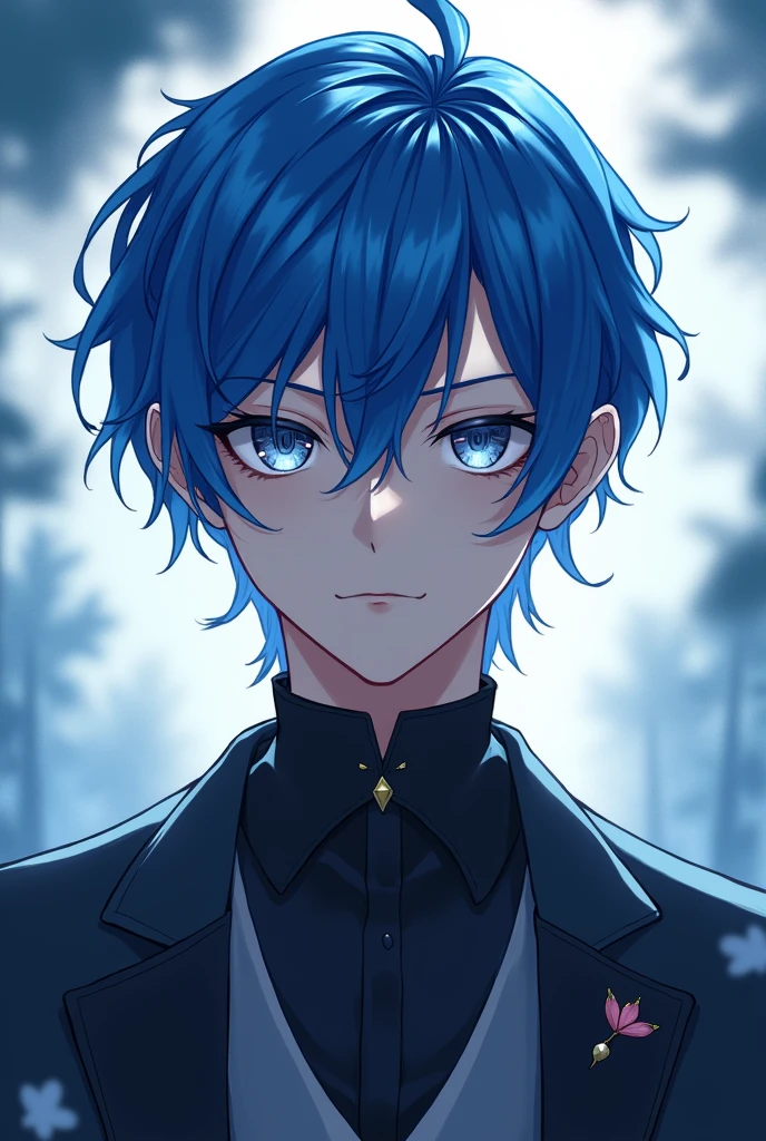 anime oc male hair blue, eyes silver 
