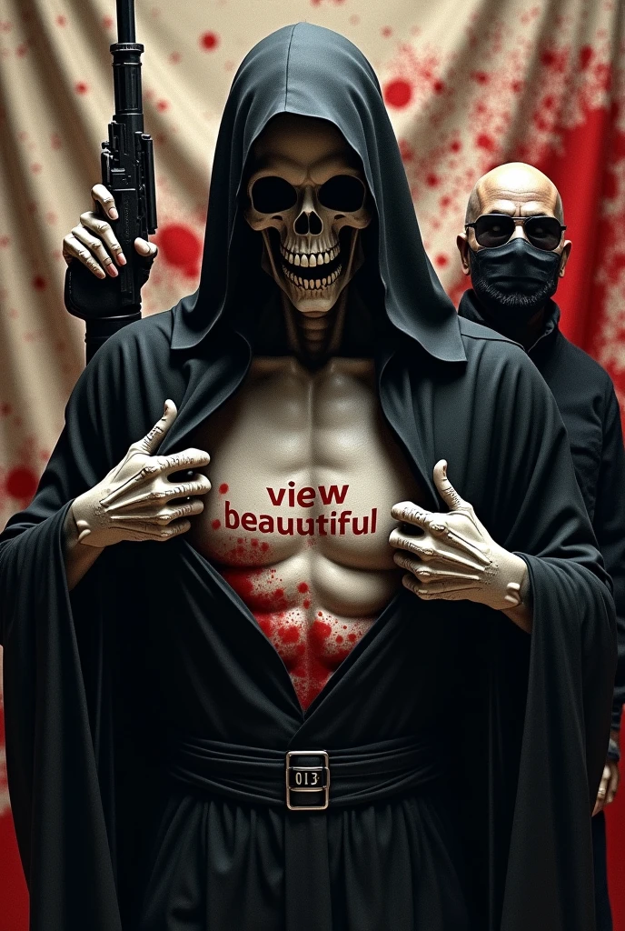 Death opening the cover of the shirt with the words VIEW BEAUTIFUL in Portuguese, With his henchman with a rifle ,behind a flag written 013 covered in blood