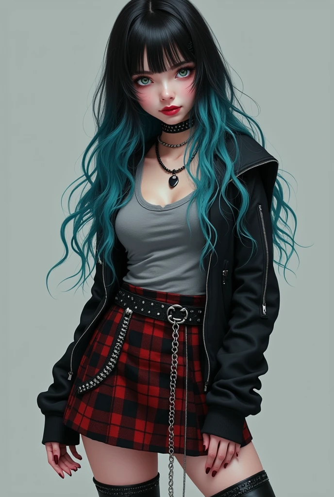 A ager with a woman&#39;s body, long straight wavy hair without bangs but with a cut called: butterfly cut and with black hair color in half and different shades of blue, guitar-shaped body and very sexy with hazel green eyes and red lompinte lips and a gray blouse, Black jacke, plaid skirt with black and red and chains around the skirt, men&#39;s black boots, fair skin and attractive rest and peach skin. And very desirable to other men. The teen will be more realistic.  Detail takes everything I said and the entire teenagerears. 