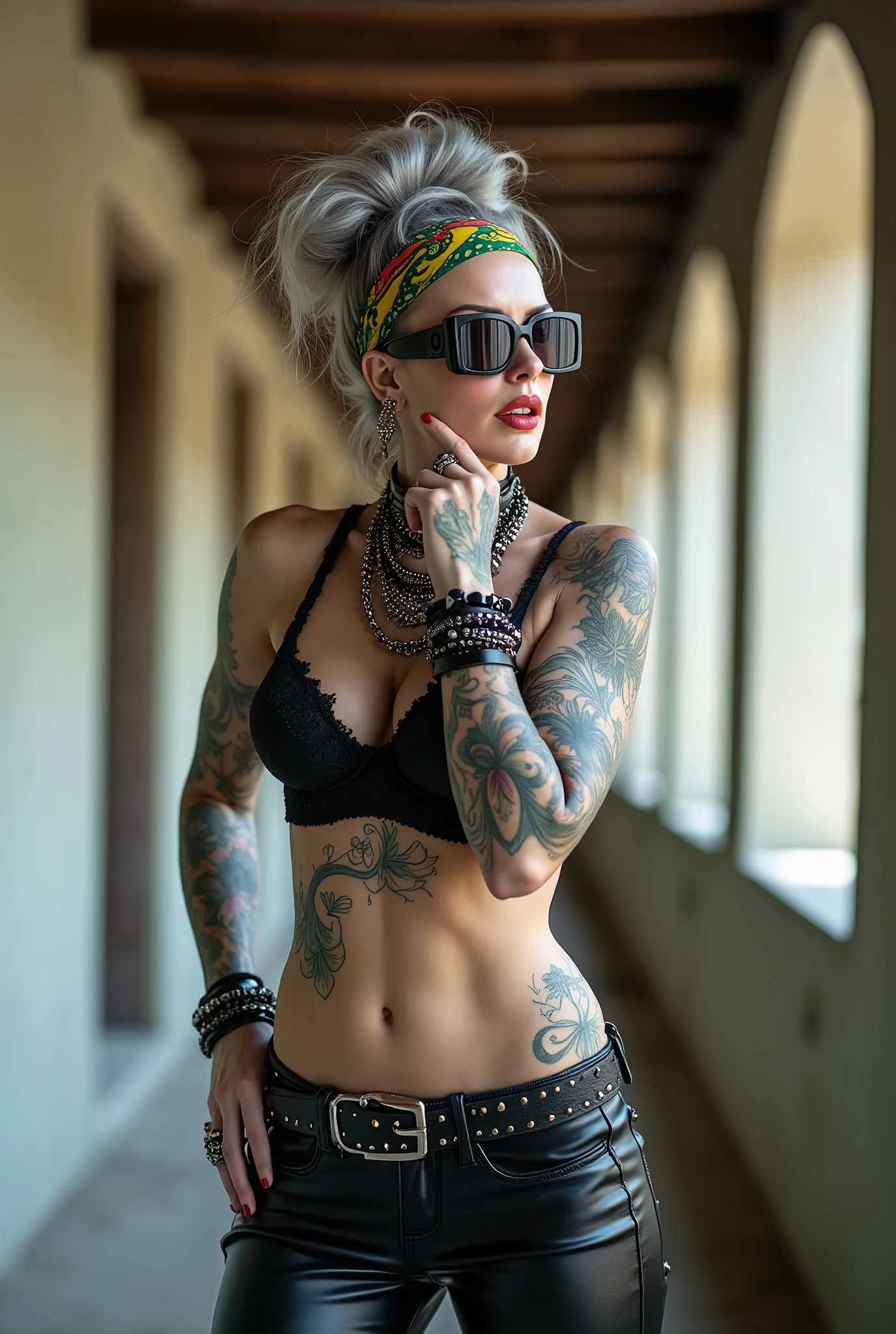 russian milf woman, grey hair (bouffant, top bun) and oversized square sunglasses and wide colourful bandana as headband, with very light green eyes, extremely pale. Big lips. Black lace push up bra, silicone breast,, skintight shiny black low rise leather jeans. Flip flops. Lots of thick wide studded bracelets, chain collars and big rings,. Two loose studded belts,. Long earrings with chains and feathers. Standing with legs apart, one hand hands on her hip, the other, sucking her thumb, stretching her neck and looking up in surprise, craving., Neck, chest, stomach and wrists heavily tattoed. Toned abdominals, thin neck, slim legs and thin arms. Narrow hips. Full body. At a long narrow corridor with natural light. Seen from behind, we see her full back