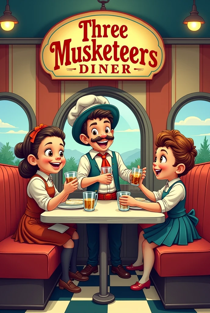 create a Disney cover with the words three musketeers diner written on it and a menu with coke and mixed drinks written on top we sell bread and coke