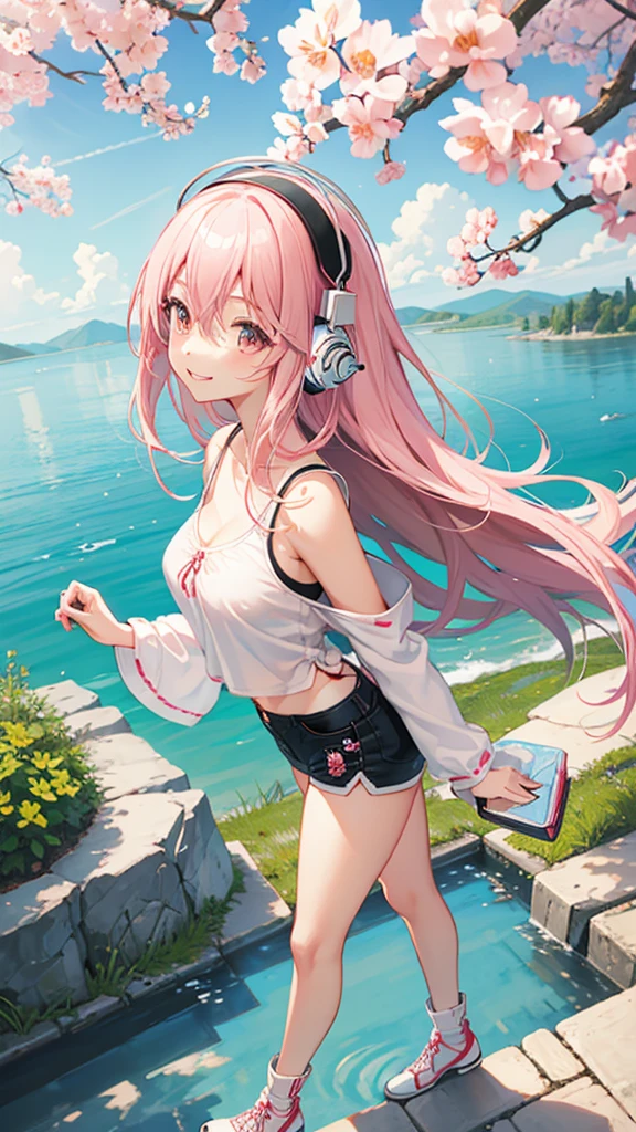 A beautiful anime girl, very beautiful face, happy face, smiling, long pink hair, earphones,red, very detailed eyes, super sonic , dynamic pose, beautiful body, medium breasts , big thighs, She is wearing a short blouse, Shorts, high thigh socks, shows the navel,  beautiful body femenino, body 1:3 , Walk along a path with nature, lake background, sakura trees, maximum quality, Perfect anatomy, masterpiece, HD