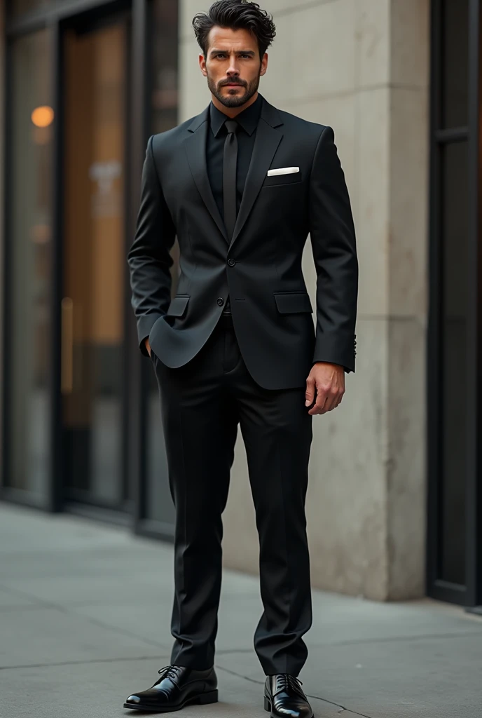 Make a male character with curly hair, who is wearing a black suit
