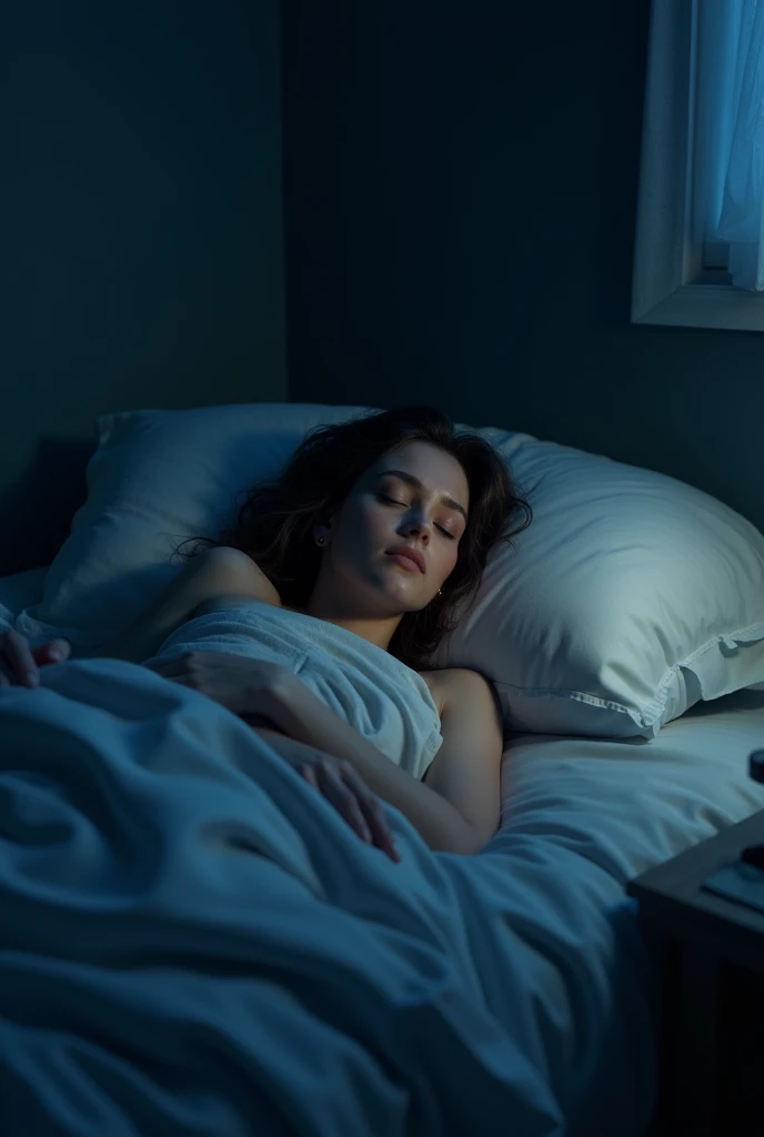 woman in a dark blue room resting with a nice and deep sleep