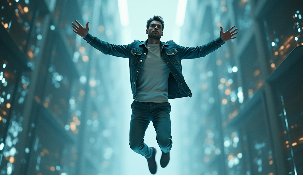 photo of a human male dressed, head on, floating in an almost horizontal orientation towards the camera as if flying in a digital universe