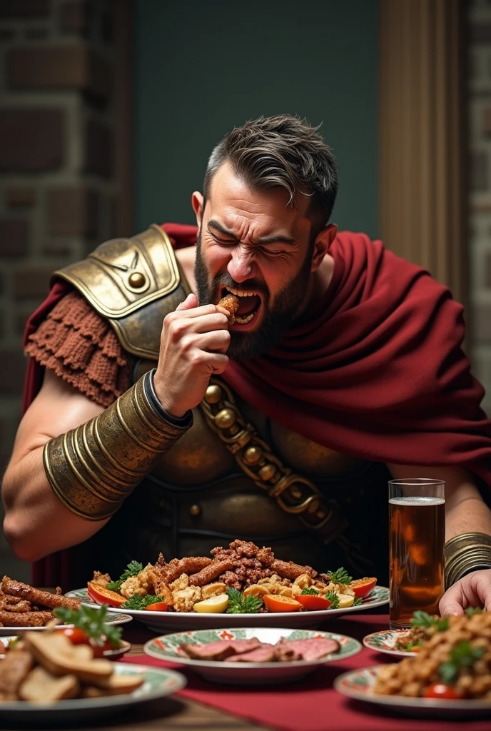 Roman soldier eating a piece of meat in front of a table with a variety of food and making a face, showing teeth