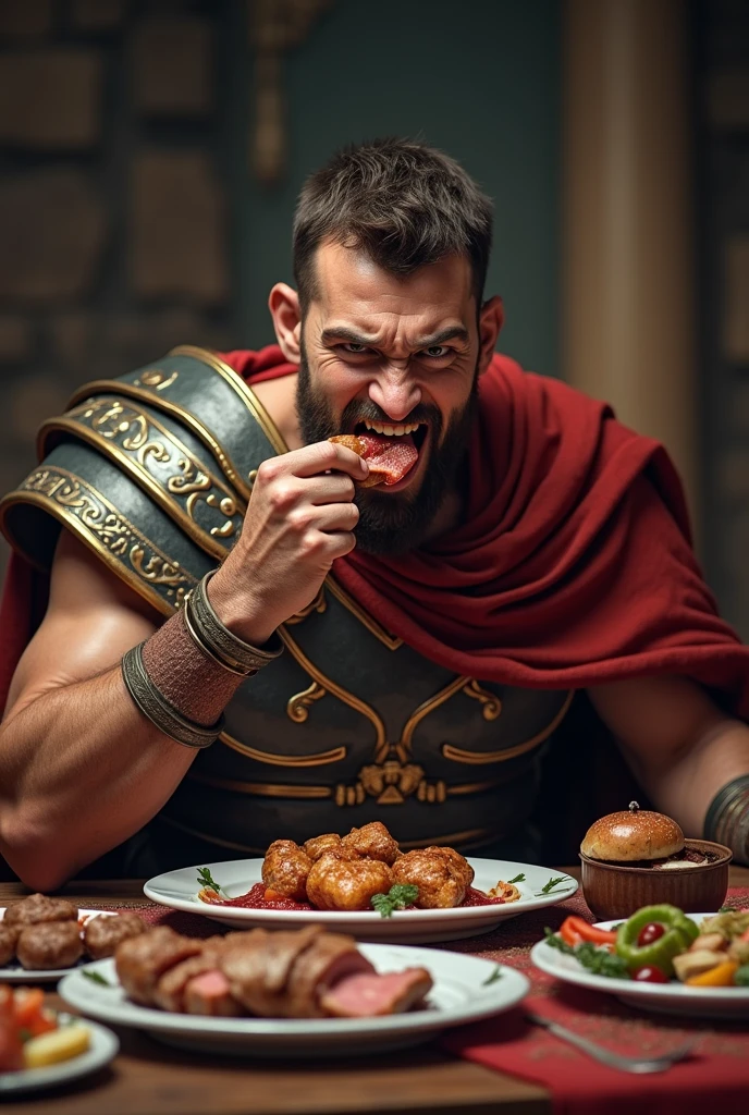 Roman soldier eating a piece of meat in front of a table with a variety of food and making a face, showing teeth