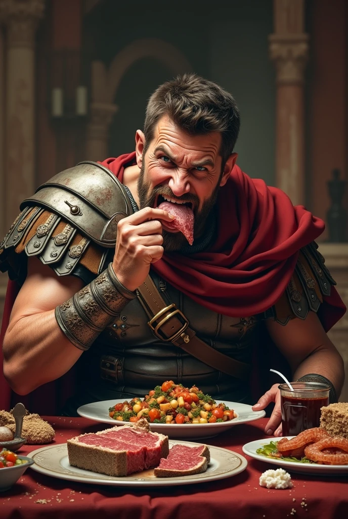 Roman soldier eating a piece of meat in front of a table with a variety of food and making a face, showing teeth