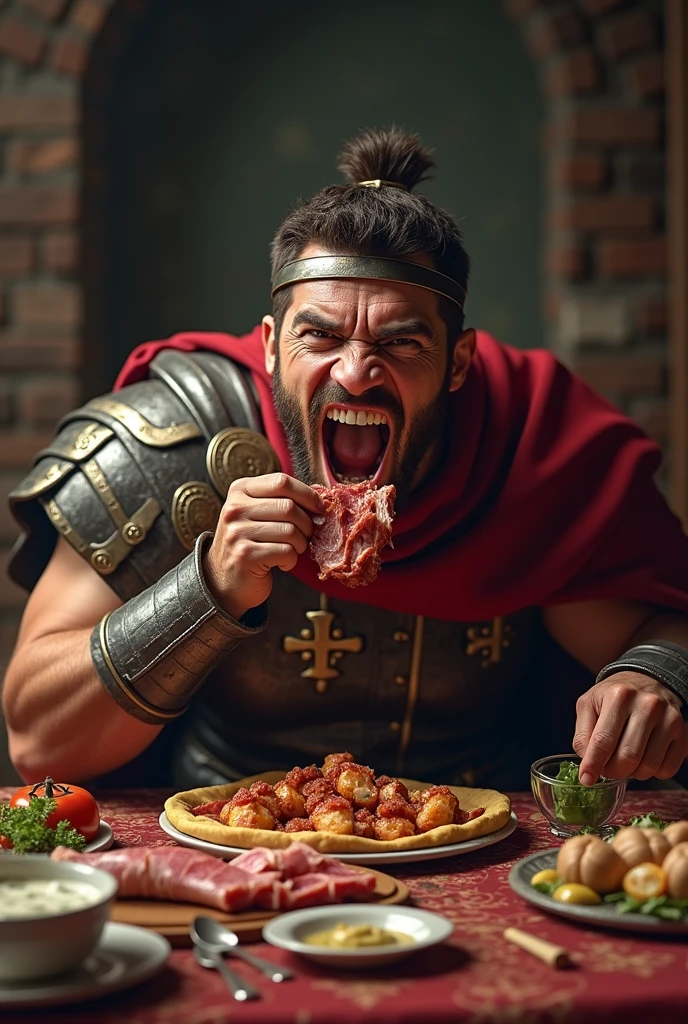 Roman soldier eating a piece of meat in front of a table with a variety of food and making a face, showing teeth