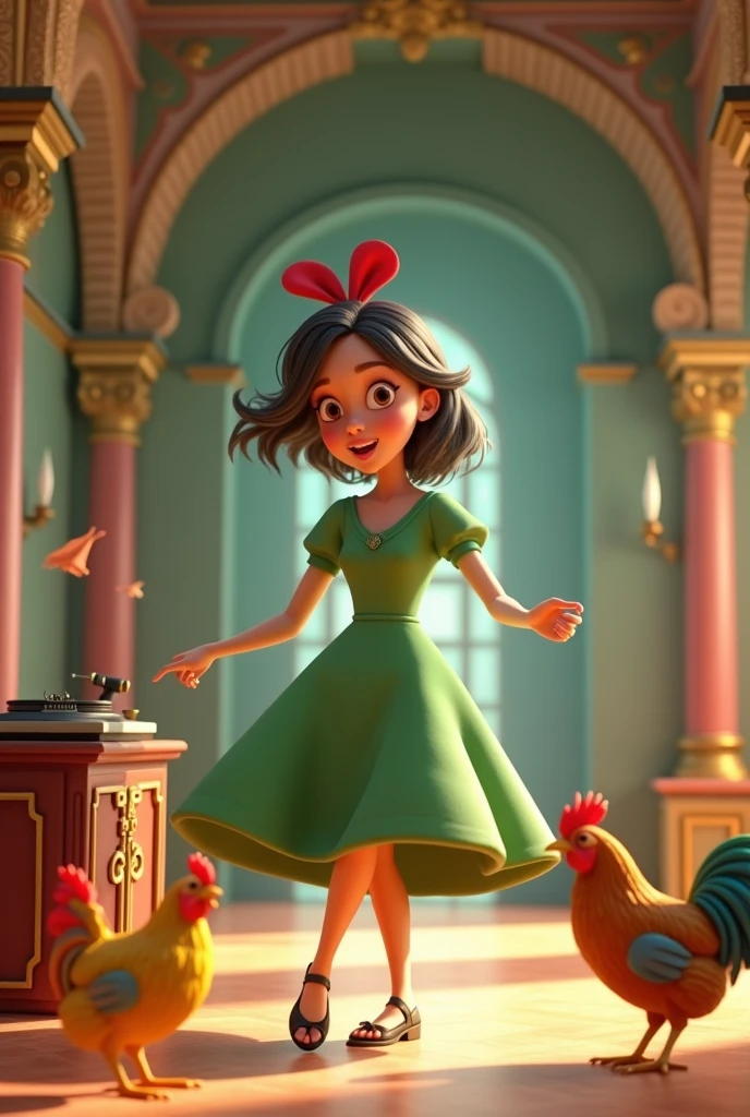 a  , green dress, red ribbon on your hair, eyes browns, dancing in a large hall next to a record player and several colorful chickens, 3D cartoon style, cinematic