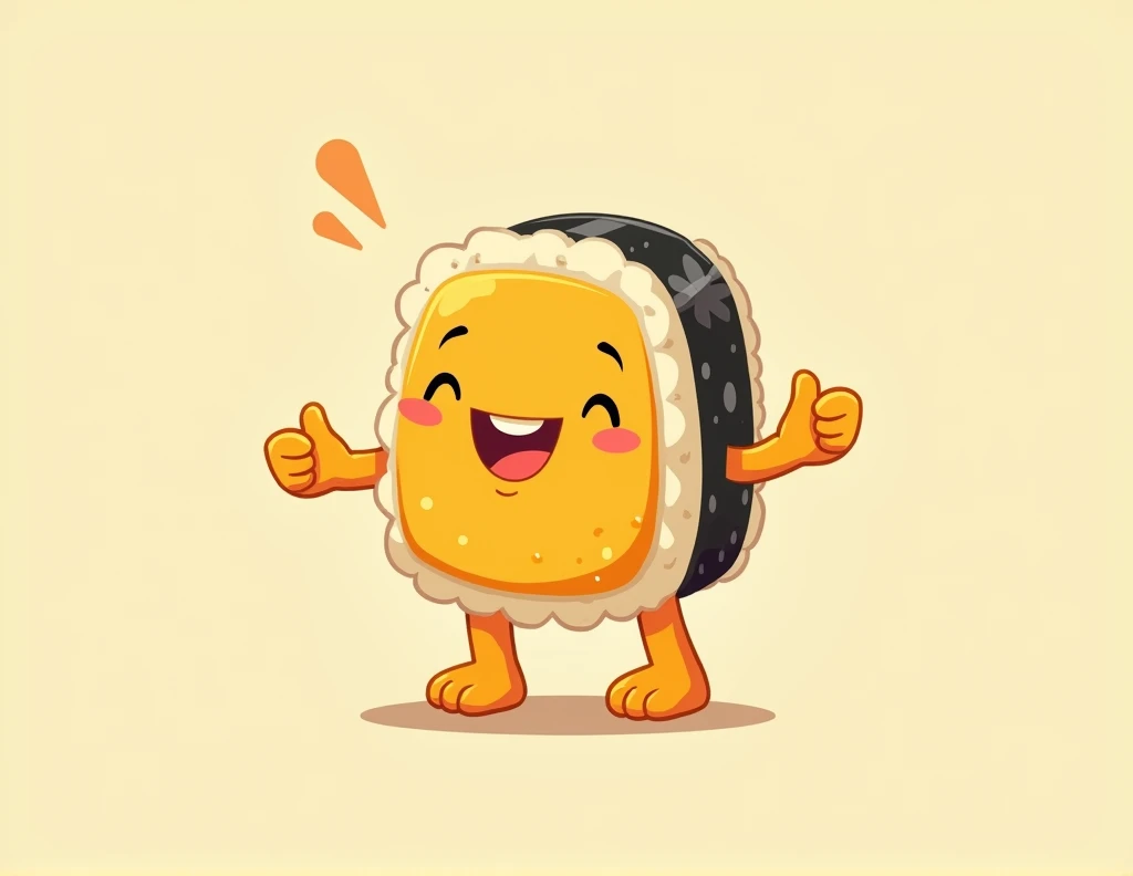 Create a cartoon sushi that has feet and is standing, happy and have yellow tones, black and white