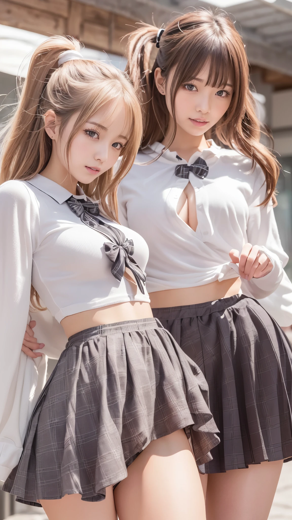 ((masterpiece, highest quality, High resolution, 超High resolution, Perfect Pixel, Depth of written boundary, 4K, RTTX 10.0, High resolution))), (Three adult women:1.3), Beautiful Anime Woman, (baby face, idle face), Beautiful art style, Anime characters, ((Long Hair, bangs, Dark brown hair, ponytail)), ((Beautiful eyelashes)), ((Detailed face, blush:1.2)), ((Smooth texture, Realistic texture, Anime CG Style)), Perfect body, Slender body, Exact finger count、Exact number of legs、Exact number of arms, (blush:1), (Three women are standing with their skirts turned up, Looking Back, The women on either side are standing next to the woman in the center:1.2), ((White stylish shirt, Checkered Skirt:1.2)), Knee-high socks, (Lift up your skirt yourself:1), Realistic, Slender body, highest quality, High resolution, Very detailed face, Perfect lighting, Extremely detailed CG, (Perfect hands, Perfect Anatomy), Embarrassed expression, (Station platform:1.3), whole body, ((Stylish white satin panties:1.2)), (Exquisitely designed luxury underwear for adults, High resolution image of panties), Angle from the rear, Looking Back, ((Tight waist:1.2)), Small beautiful butt、Thin thighs, Beautiful breasts, (Perfect Anatomy:1.3)、(The perfectly correct hand)