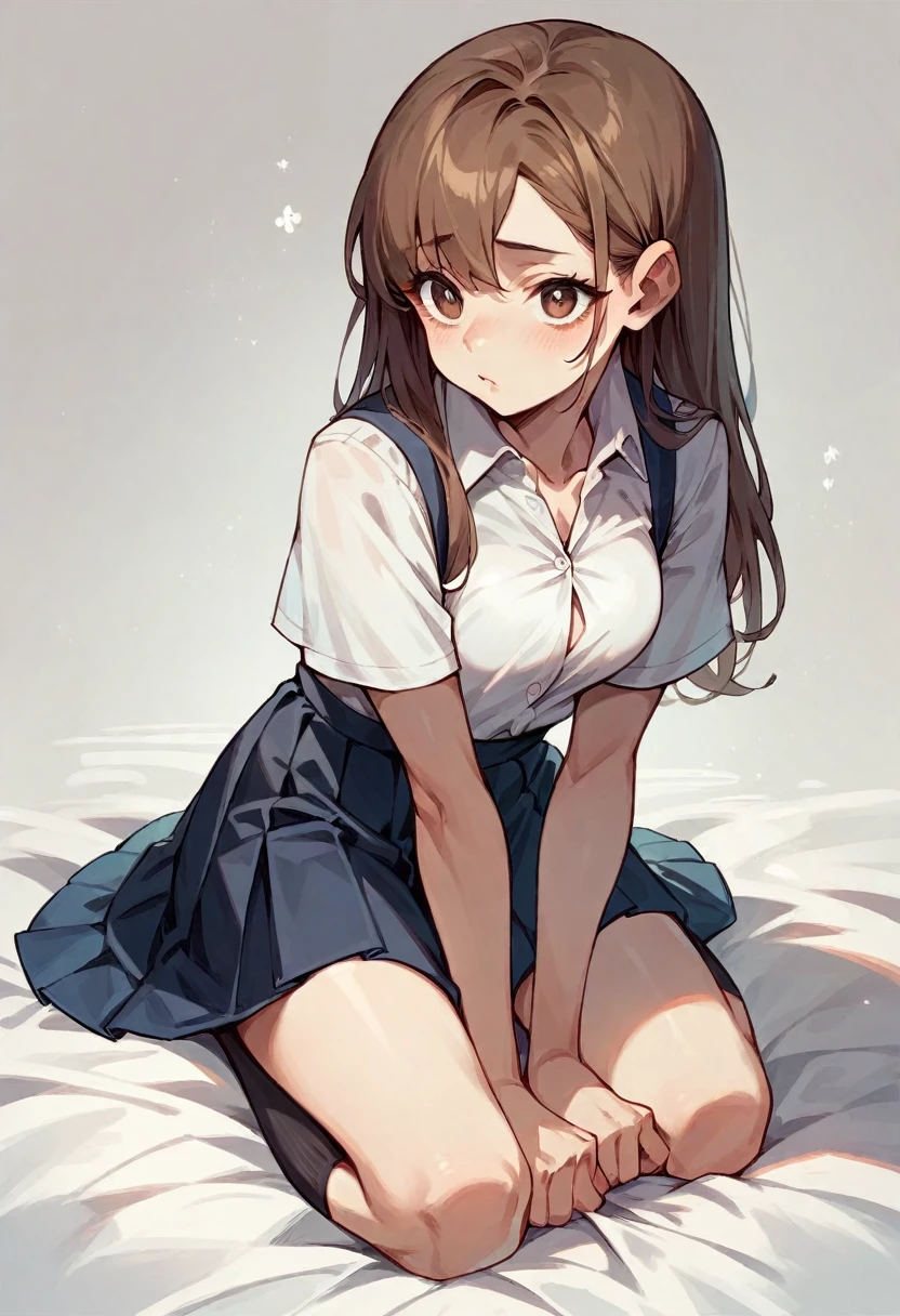 White woman with brown hair kneeling dressed in a schoolgirl outfit, Whole body.