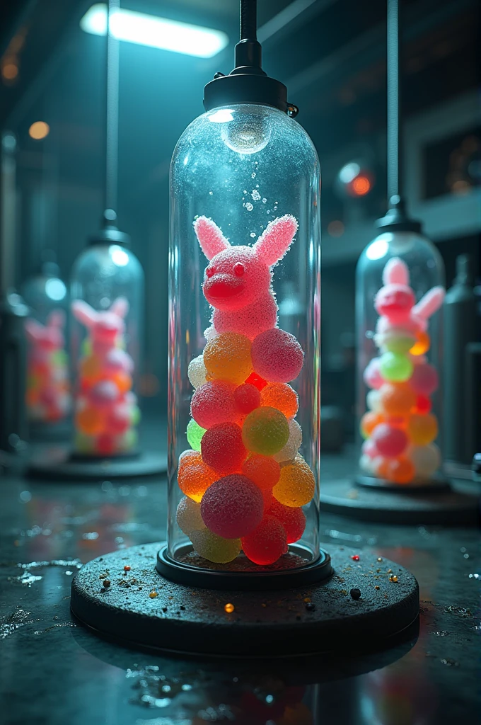 a secret underground laboratory full of large capsules with candy creatures inside