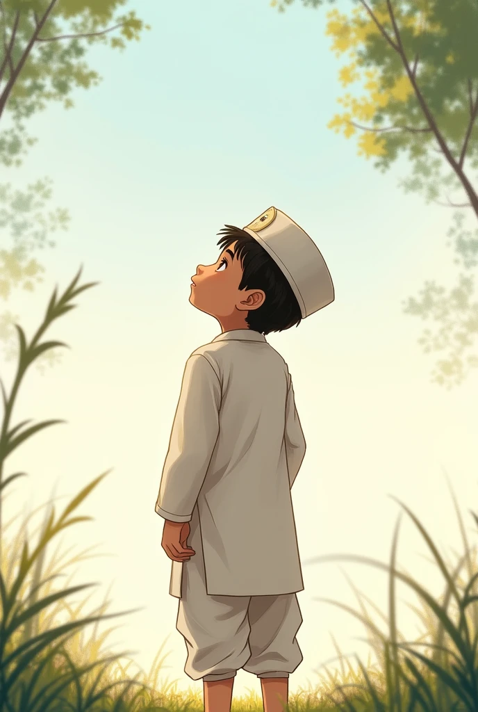 A boy wearing white panjabi,paijama & tupi,looking to sky,his behind pic