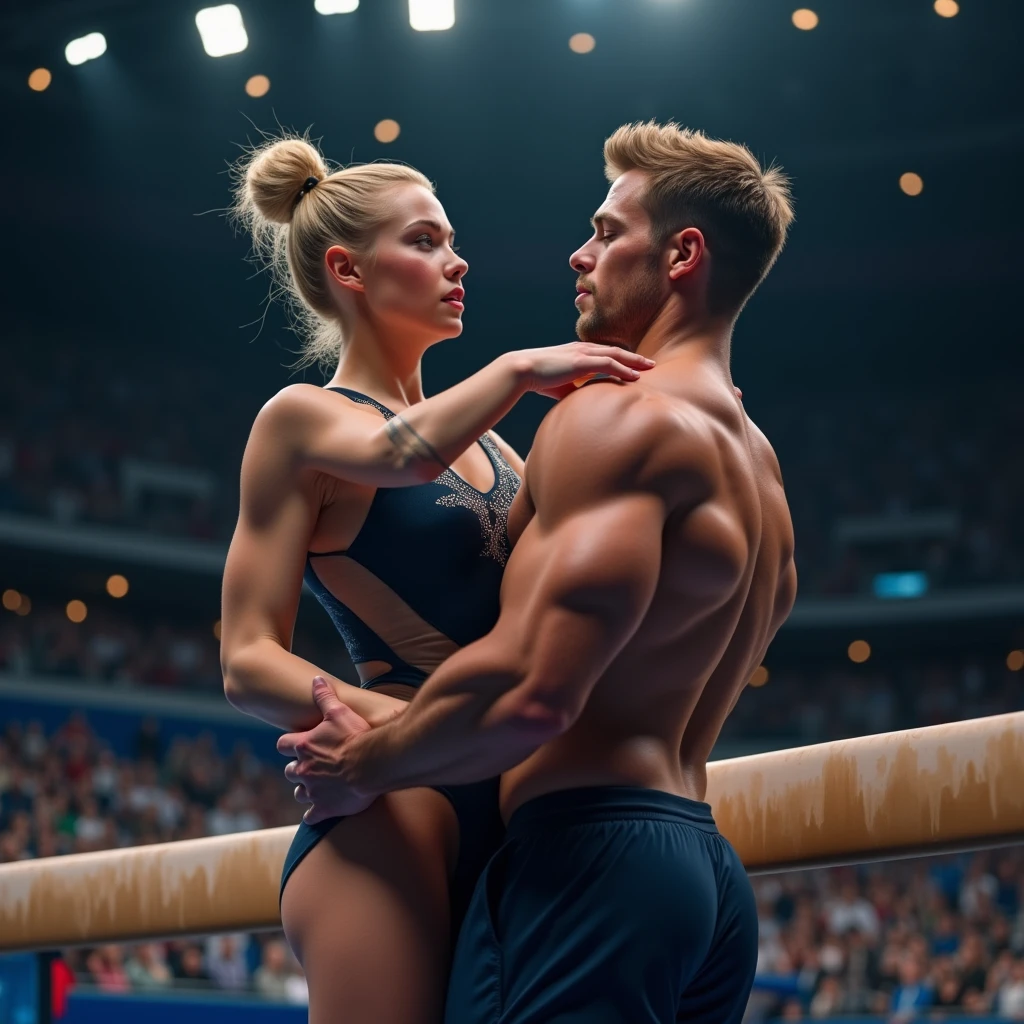 a muscular young female gymnast, detailed face, detailed eyes, detailed lips, long eyelashes, blonde hair, lifting her male coach with one arm by his collar, standing in front of a balance beam in a stadium, crowd cheering, male's feet dangling off the ground, dynamic action pose, highly detailed, 4k, photorealistic, cinematic lighting, dramatic colors, epic scene