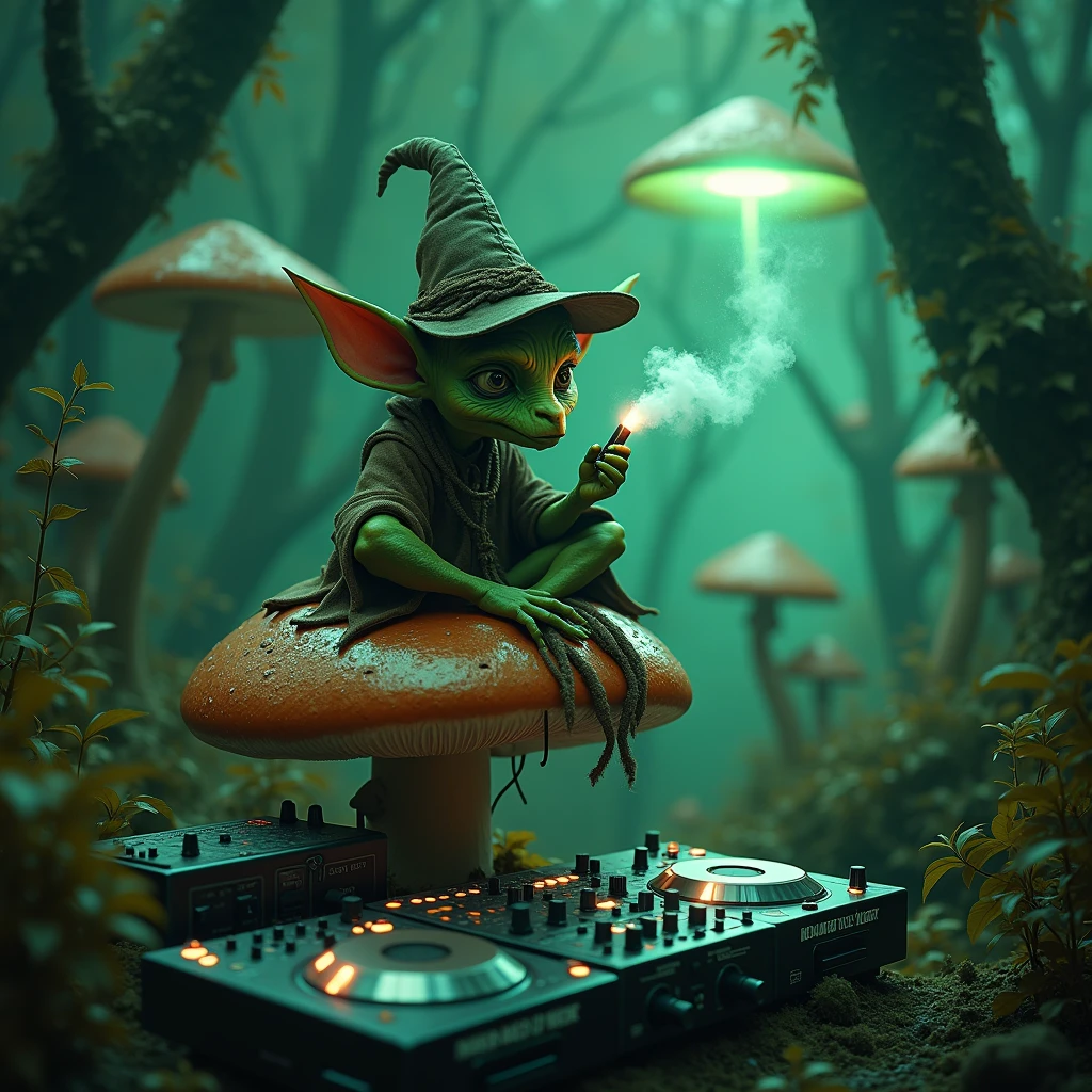 Nightvision footage of a goblin thats dressed like a wizard sitting on a magic mushroom in a shroomforest while smoking out of his herb vaporizer while playing on audio interfaces and dj pults