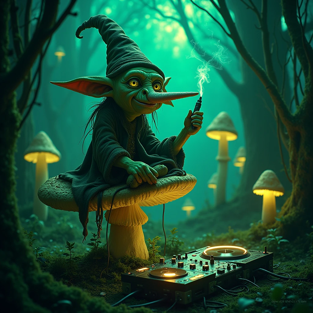 Nightvision footage of a goblin thats dressed like a wizard sitting on a magic mushroom in a shroomforest while smoking out of his herb vaporizer while playing on audio interfaces and dj pults