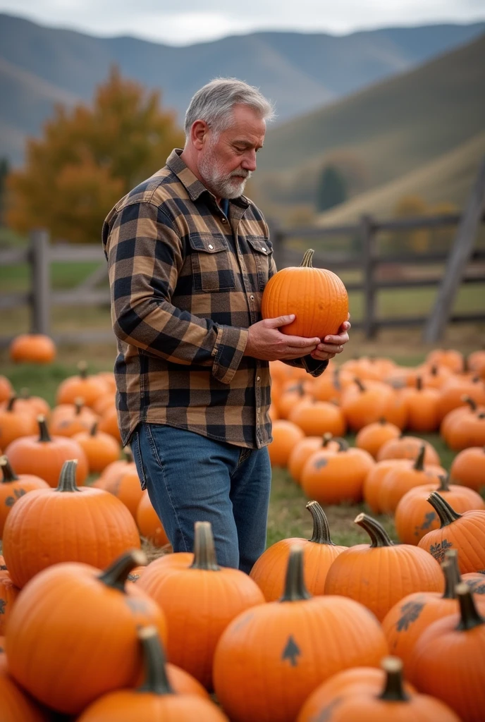 A man picking out a pumpkin