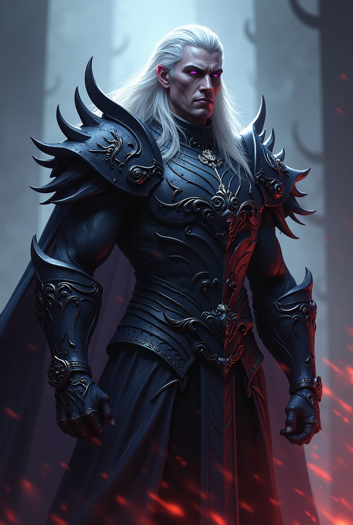 Create a handsome, attractive and intimidating prince of hell wearing armor, have long white hair and lilac eyes