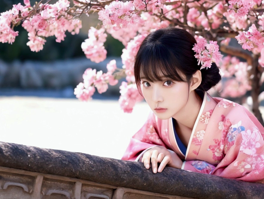 Pink base, Cute angry face, Pun Pun, 最high quality、high quality、Best image quality、8k、最High resolution、High resolution、temple, Realistic photos, Healthy body, Beautiful Eyes, Flowing black hair, Colorful kimono, Calm expression, Soft lighting, Traditional Japanese art style, Vibrant colors, Peaceful atmosphere, Delicate features, Graceful posture, Beautiful Landscape