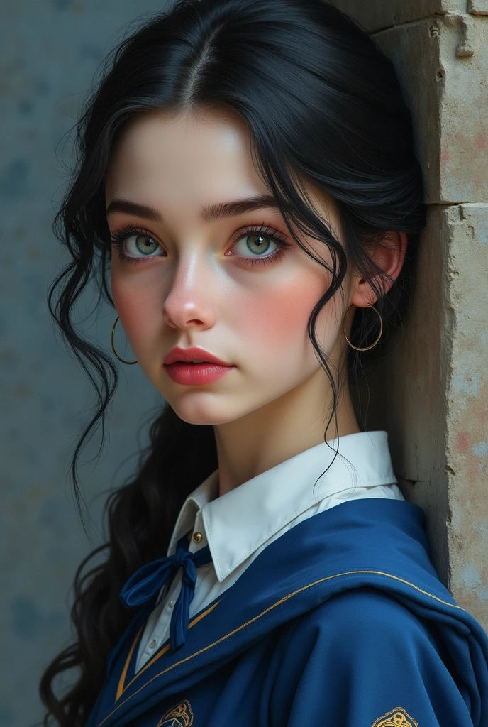elle a le teint rose, un nez en trompette, des yeux en amande bleu-gris, des longs cheveux noirs semi-attachés, des lèvres pulpeuses et elle porte un uniforme de serdaigle