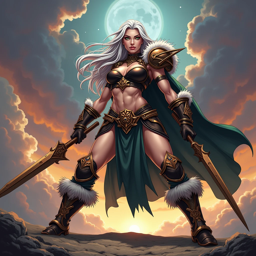 a female warrior, pale skin, She has (long white hair) and green colored eyes, muscular body. She wears (black top with copper trim:1.1), (black pelvic curtain leaving her hips and legs bare), bare arms, midriff, black shoulder pads with copper trim, fur trimmed boots, copper bracers, gemstones embedded in her armor. (perfect eyes). multicolor sky. She stands firmly on the ground a wide stance, ready to fight. dynamic exaggerated poses.use a dramatic comic book style, inspired by masters of the universe