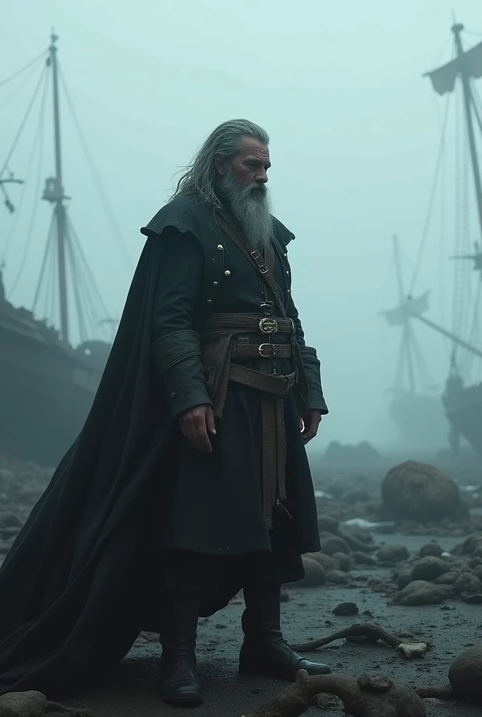 pirate, capitan, on a destroyed ship, with black clothes, luz outfit, foggy, Ultra realistic image, 4k