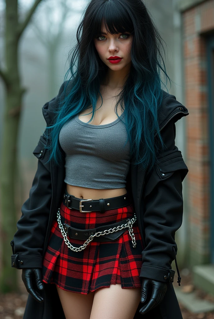 A woman's one, long straight wavy hair without bangs but with a cut called: butterfly cut and with black hair color in half and different shades of blue, guitar-shaped body and very sexy with hazel green eyes and red lompinte lips and a gray blouse, Black jacke, plaid skirt with black and red and chains around the skirt, men's black boots, fair skin and attractive rest and peach skin. And very desirable to other men. The ager will be more realistic. Detail takes everything I said and appears in its entirety.