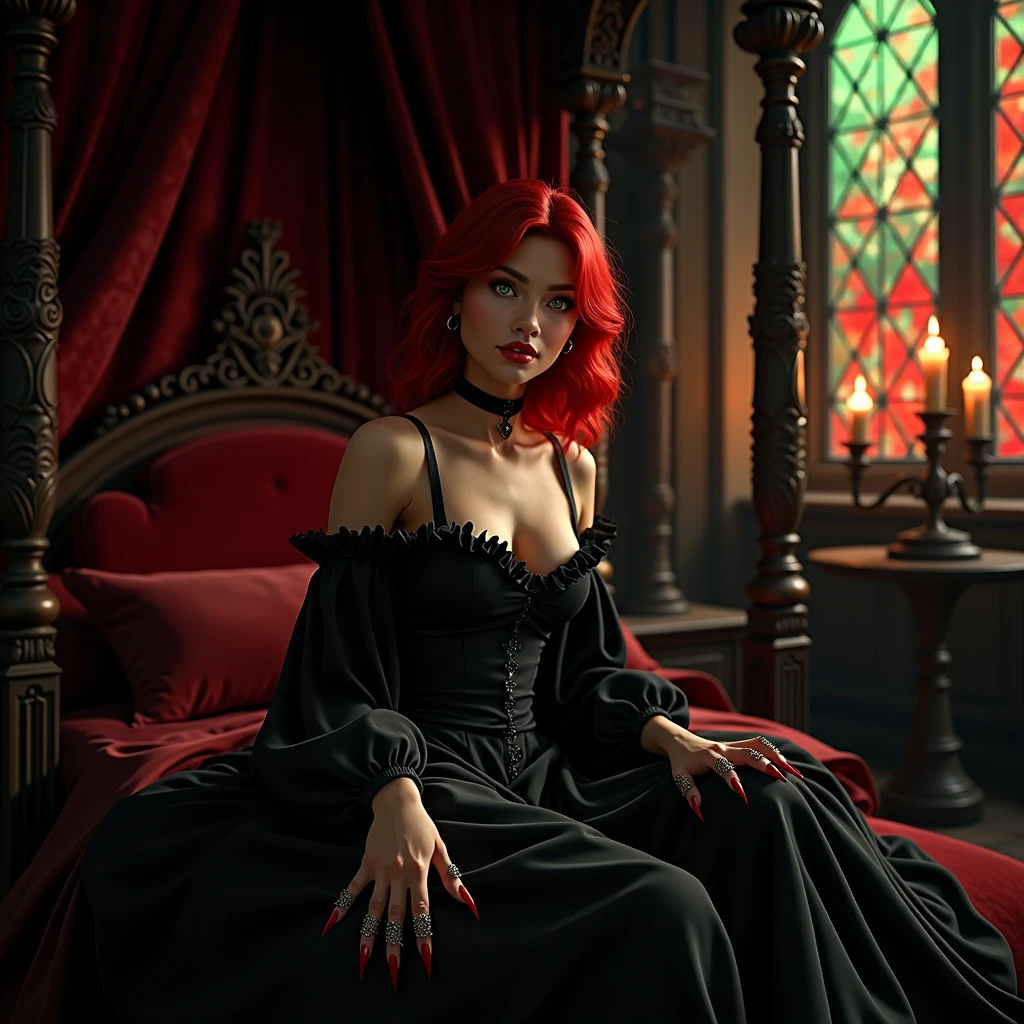 An extra wide angle on a big full room 16:9,(masterpiece Quality),(An ultra hot,1 female age 18),(random sexy, seducing poses),(full body:2.0),(nude),(realistic,fine detailed ultra-thick,long, bright,vibrant,blood red,shimmering:2.0 hair),(extra large,high contrast,green:0.9, bright yellow:0.1 eyes),(extra long,thick,dark eyelashes),(blood red,plump lips),(stunning, pearl white teeth),(,beautiful eyes),(detailed hands,realistic long monsters claws on 5 fingers each hand:2.0)best quality body,wide hips,Big breasts, natural nipples,big ass,(glowing skin:1.2),(2 perfect legs:1.1),front view,(Look at me),a serious, direct gaze at the camera,(best quality,16k,highres,insanely detailed interior design of a vampire lair in dark gothic medieval style),(royal canopy four-poster bed, black-matte velvet drapes 16k),(a single2.0,stained glass window to the right,vibrant red:1.1,green:0.9 colored,detailed intricate patterns,architectural element,dark and mysterious atmosphere, night scene), flickering candlelight,medieval-style candelabrum,(rich, deep black, base color,stunning play of very, low light and shadow in the night:2.0),(all in wide room spectrum:2.0).#The entire setup is masterpiece 1:3 framed with the grandeur of royal,medieval gothic style, focus on entire room 16k#