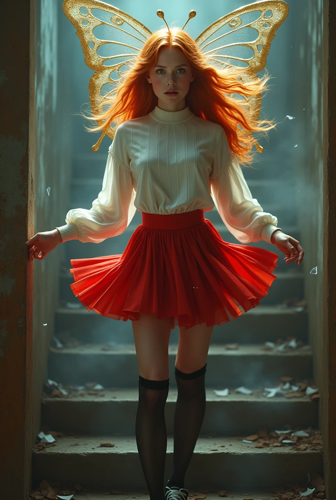 (solo, full body photo:1.3), (action packed:1.3), (haze, fog, mist:1.3), chiaroscuro, best quality, photorealistic, 1woman, (cute), (24yo:1.2), redhead, long ginger hair highly detailed, 1700'S, digital photography, art by artgerm and ruan jia and greg rutkowski surreal painting gold butterfly filigree, broken glass, (masterpiece, sidelighting, finely detailed Fashionable eyes: 1.2) (perfect oval large eyes that gazes at the viewer), beautiful detailed face, blue gorgeous perfect eyes, (blonde hair ponytail), (attractive young woman:1.3), (thick amazing hair), (seductive:1.1), (blushing:1.1) mujer bella en minifalda circular color rojo, con una sudadera de color blanco, pecho grandes, una minifalda circular de color blanco levantada por el viento, medias red con tirantes de color negro, sapatillas de color negro dando paso a paso por las graderias.