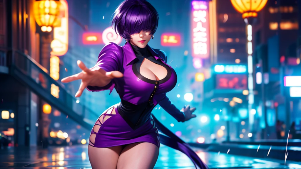 (at night), alone, in a video game scene a background of a beautiful city during the day raining, standing at attention, purple hair, ((purple hair)), 1 girl, alone, 20 years old, young woman, perfect hands , beautiful and perfect symmetrical fingers, beautiful long legs, perfect legs, beautiful body, beautiful nose, beautiful character design, perfect face, look at the viewer (focusing on the entire character), closed mouth, Light_Smile, official art, wallpaper Extremely detailed CG unity 8k, perfect lighting, bright and colorful front lighting, glowing skin (masterpiece: 1.0), (best quality: 1.0), ultra high resolution, 4K, ultra detailed photography, 8K, HDR, high resolution, nonsense: 1.2, Kodak portra 400, film grain, blurred background, bokeh: 1.2, lens flare, (vibrant_color: 1.2), professional photography, (beautiful_face: 1.5), (narrow waist),
