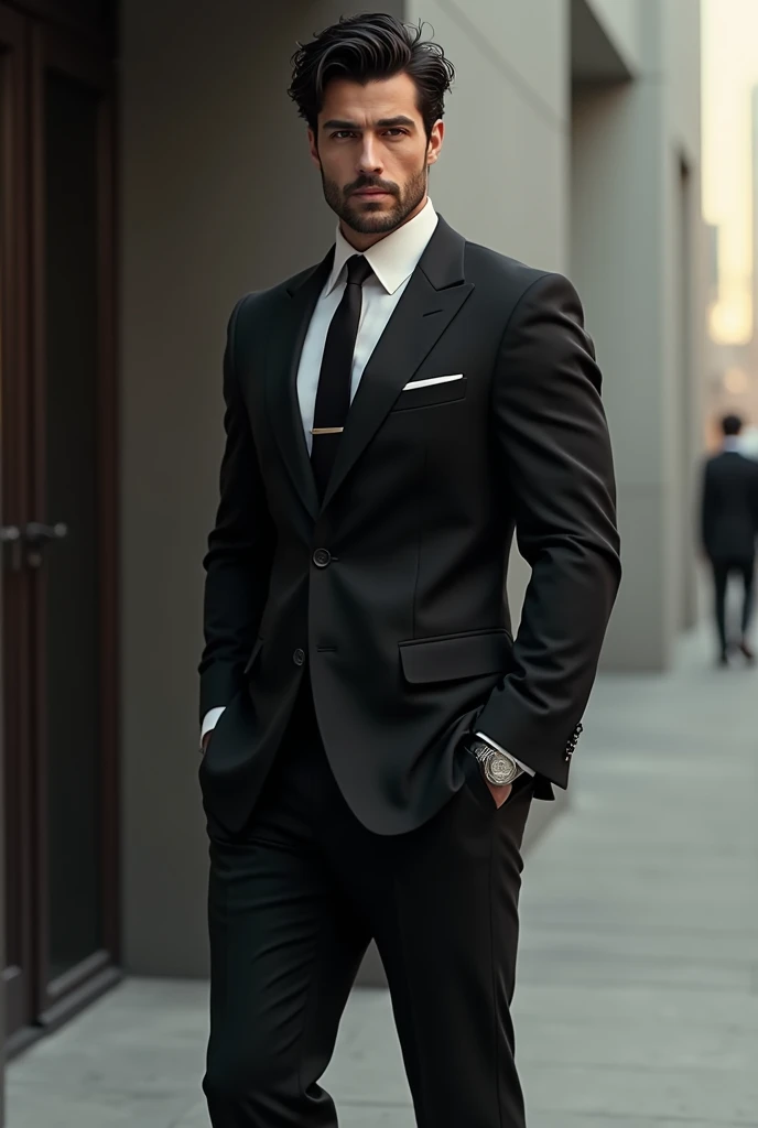 Make a male character with curly hair, who is wearing a black suit 