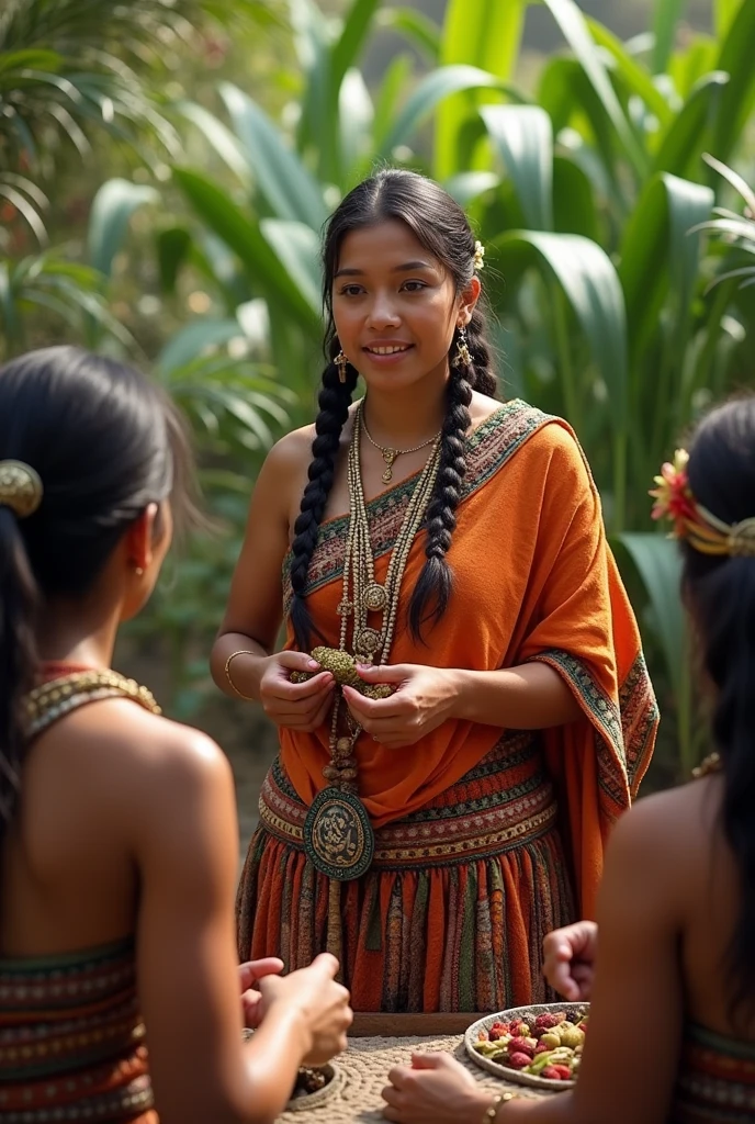 young inca woman teaches to harvest women and men to heal on a background of plants inca era in peru