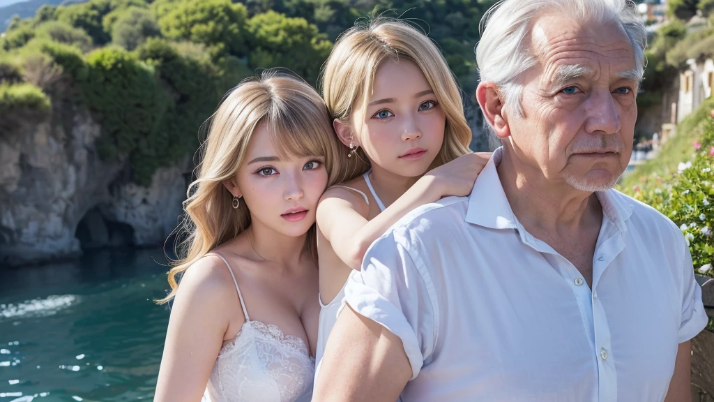 ((Highest quality)), ((masterpiece)), (High-definition photos), (7 old man, 1 young girl:1.4), (drill hair), (spiral curl), (long blonde), (bangs), (Beautiful young girl and her father:1.3), gal, long, Light eyeshadow, (earrings), during, (pointy breasts:1.3), covered nipples, white dress, (snowy white skin), (Blushed:1.3), upper body, ((Embarrassing)), Half-open mouth, Shiny skin、elbow groves, wetty lips, Thin eyebrows、(Blue eyes:1.1), (old man is holding girl from behind), Warm sunlight, A girl stands with the view of Amalfi