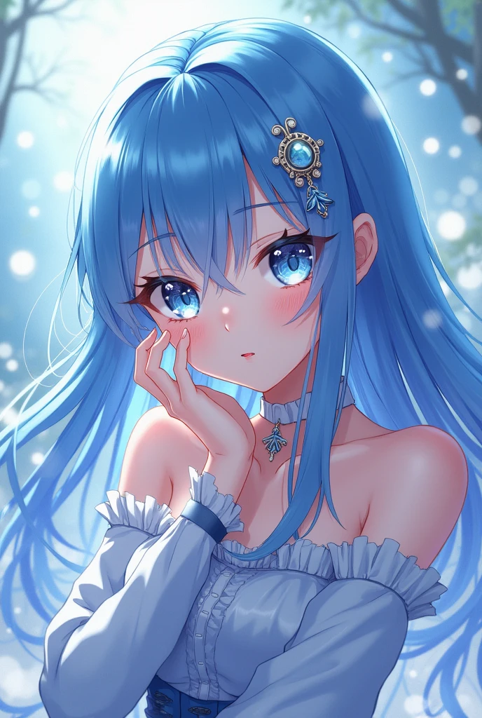 anime oc female hair blue, eyes silver