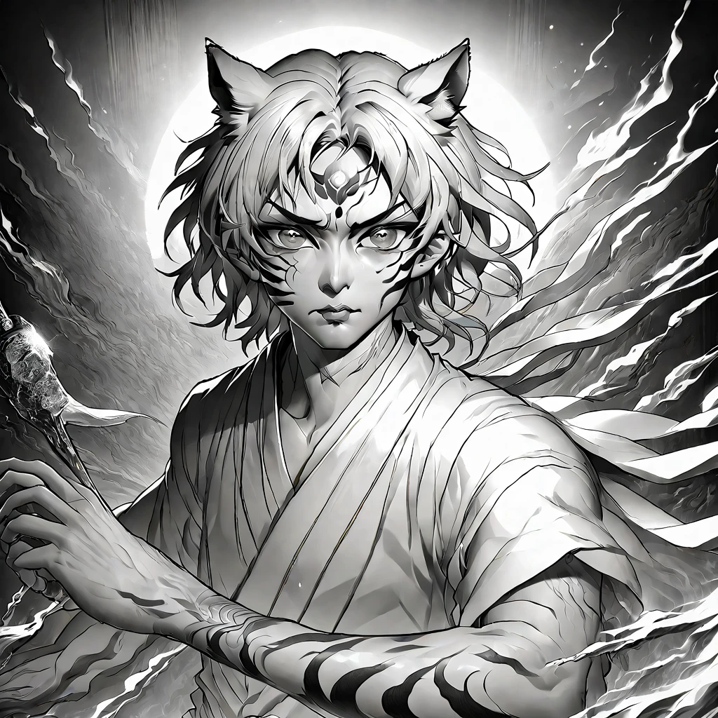 a powerful tiger man, extremely detailed face, beautiful detailed eyes, intense anime style, martial power, portrait, complex structure, sinister environment, dark, detailed eyes, scars, wounds, cinematic lighting, dramatic shadows, chiaroscuro, hyper realistic, 8k, high quality, masterpiece  mystical anime-style tiger man creature, horror, divine being, intricate detailed fantasy character, ethereal, glowing magical aura, (best quality,4k,8k,highres,masterpiece:1.2),ultra-detailed,(realistic,photorealistic,photo-realistic:1.37),cinematic lighting,vibrant colors,dramatic shadows,ethereal atmosphere,fantasy art