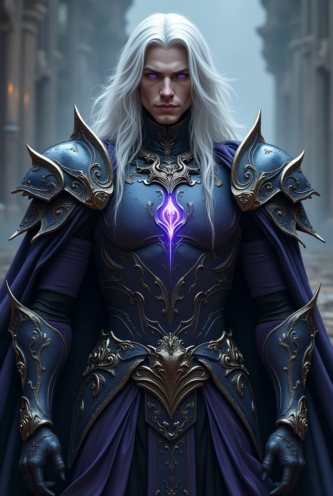 Create a handsome and attractive prince of hell wearing armor, have long white hair and lilac eyes
