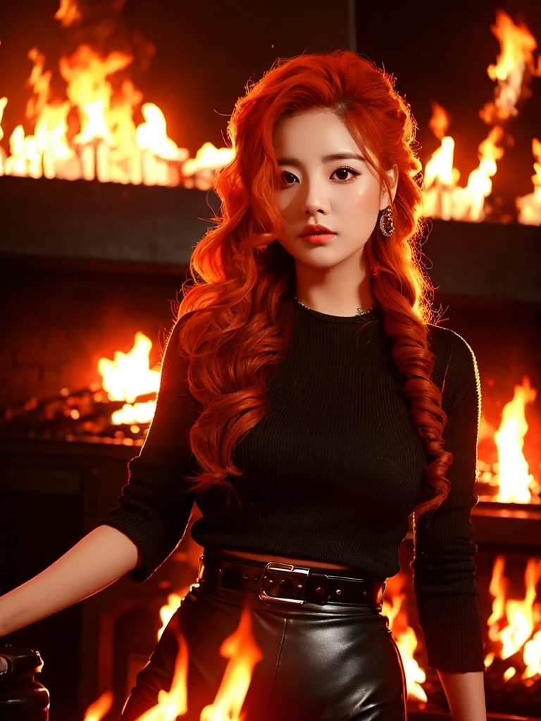 K-pop idol Chiquita is standing in front of flames. She has wavy orange hair and black outfit