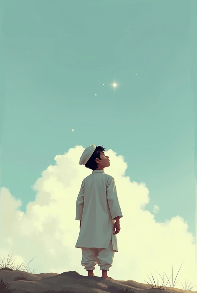 A sad boy wearing white panjabi,paijama & tupi,looking to sky,his behind pic