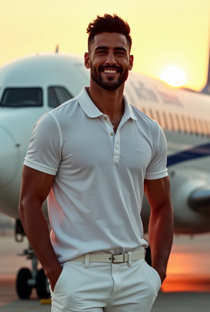 (photorealism:1.2), handsome tanned man, black hair, short beard, smiling, sexy brazilian, slim, , Photorealistic, 8k, highly detailed, Cinematic lighting, Vivid colors, professional photography, editorial fashion style, in front of a airbus at sunset, white polo shirt and pants