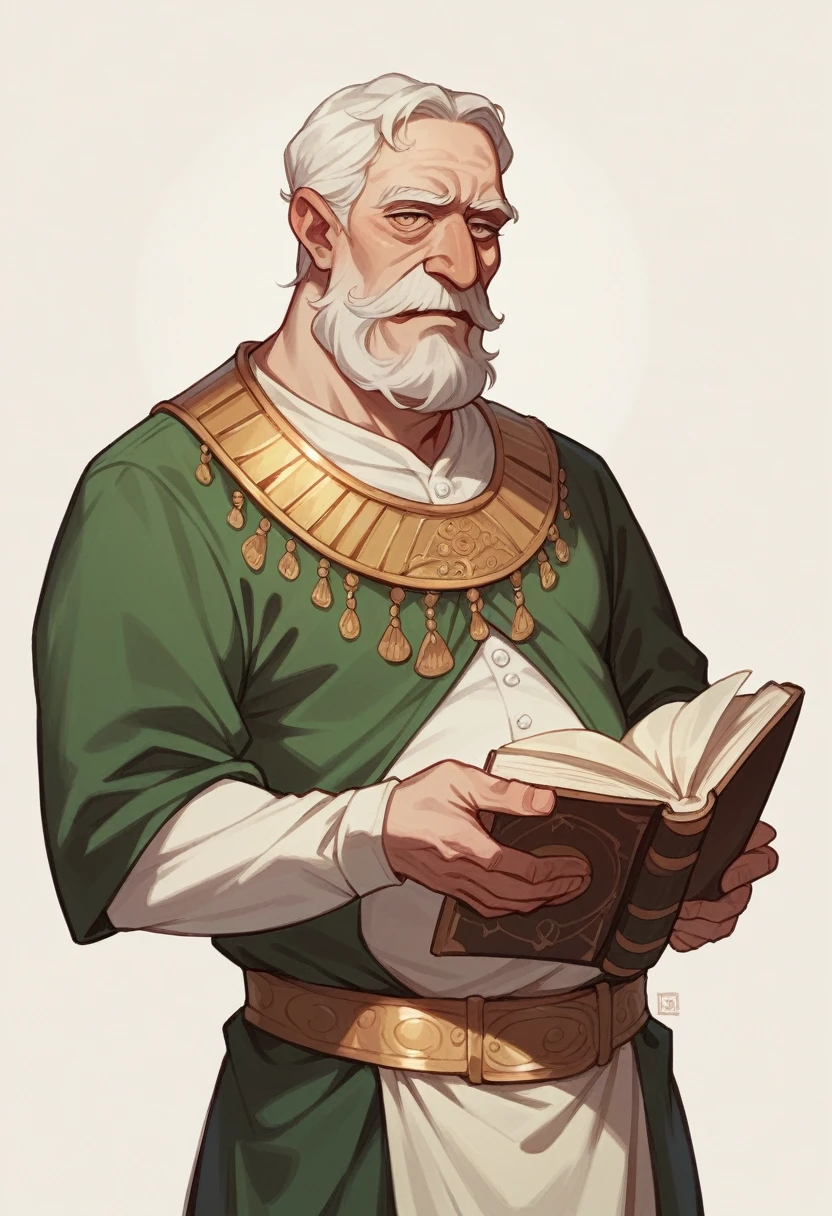 Caucasian elderly man, arabic clothing, with a big book in hand, white hair and beard, inquisitive eyes, gold belt