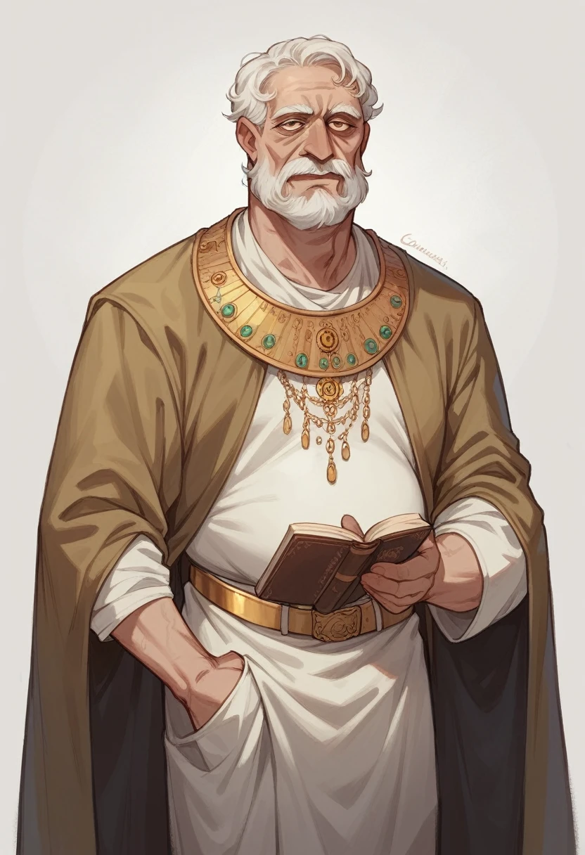 Caucasian elderly man, arabic clothing, with a big book in hand, white hair and beard, inquisitive eyes, gold belt