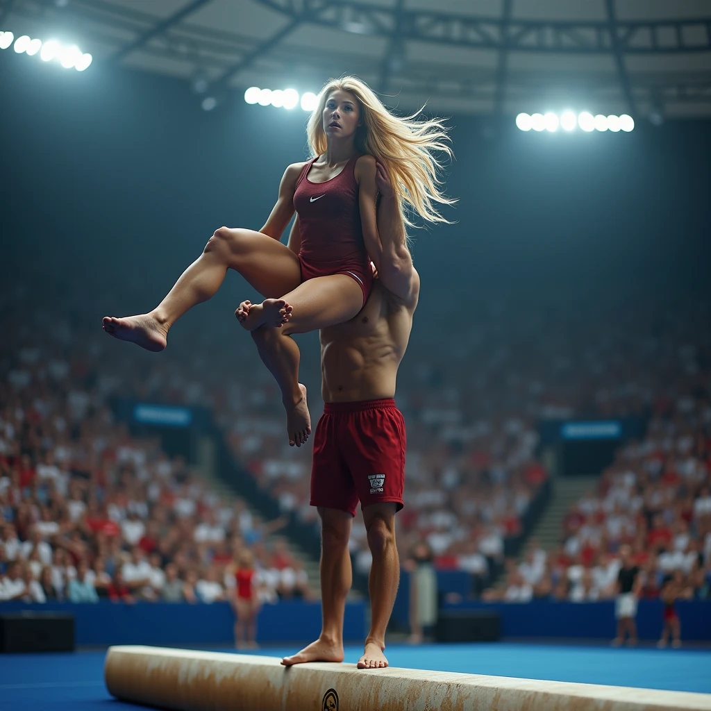 a muscular young female gymnast, detailed face, detailed eyes, detailed lips, long eyelashes, blonde hair, lifting her male coach with one arm by his collar, standing in front of a balance beam in a stadium, crowd cheering, male's feet dangling off the ground, dynamic action pose, highly detailed, 4k, photorealistic, cinematic lighting, dramatic colors, epic scene