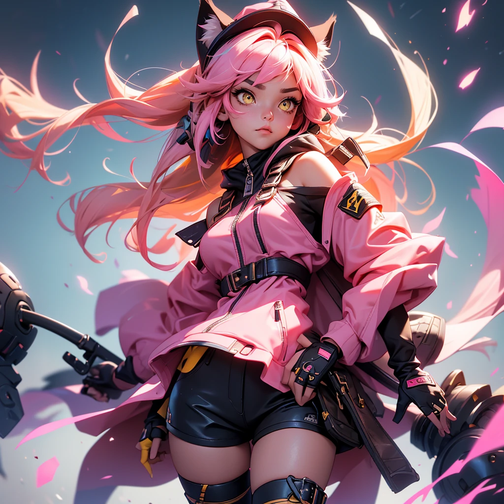 envision a 8k, highres, cinematic, beautiful close up portrait of a girl named Raora Panthera with animal ears, tail, yellow eyes, pink streaked hair, multicolored hair, goggles, hat, open jacket, off shoulder, partially fingerless gloves, ring, thigh straps, thighhighs, against a dark background