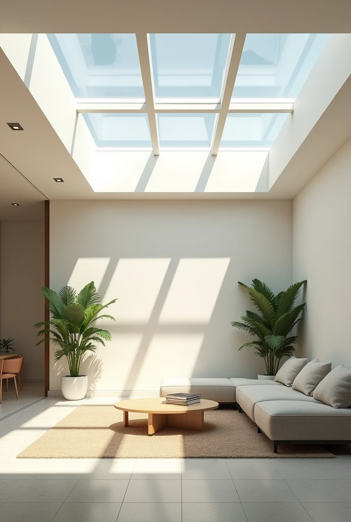 Generate an interior image of a modern room featuring multiple skylights. The skylights are embedded in a sleek, flat ceiling, allowing an abundance of natural light to flood the space. The light should cast soft, dynamic shadows across the room, highlighting the textures of the furniture and flooring. The room has a minimalist design with clean lines, neutral colors, and perhaps a few green plants to add a touch of nature. The overall atmosphere is bright, airy, and inviting