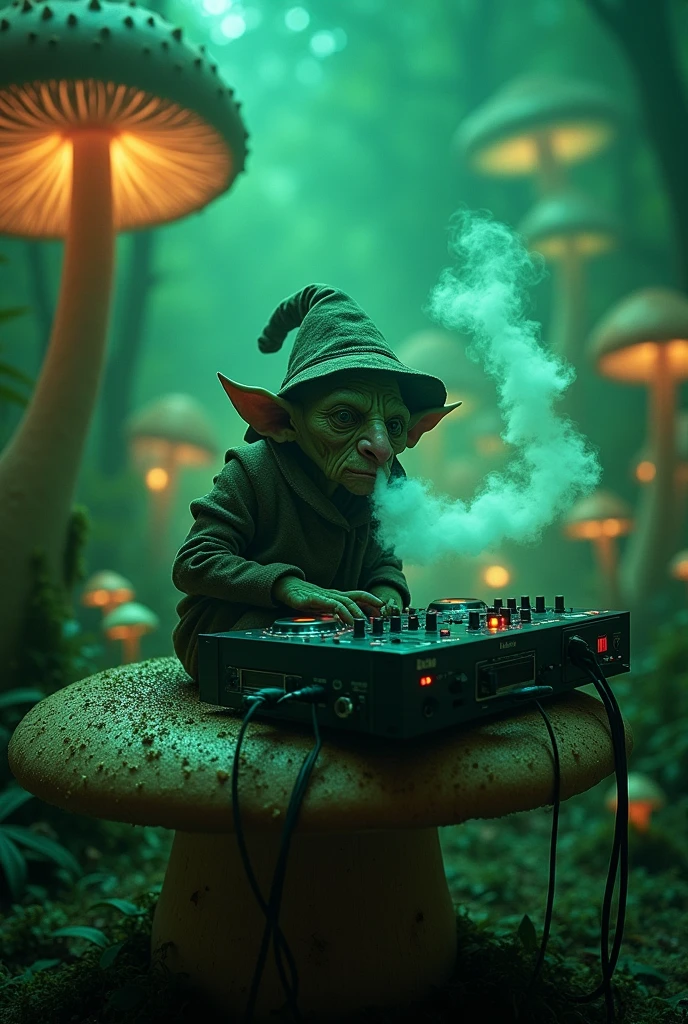 Night vision images of a goblin, who is dressed like a magician, sitting on a mushroom in a mushroom forest and smoking from his herbal vaporizer, while playing on audio interfaces and DJ consoles at night.