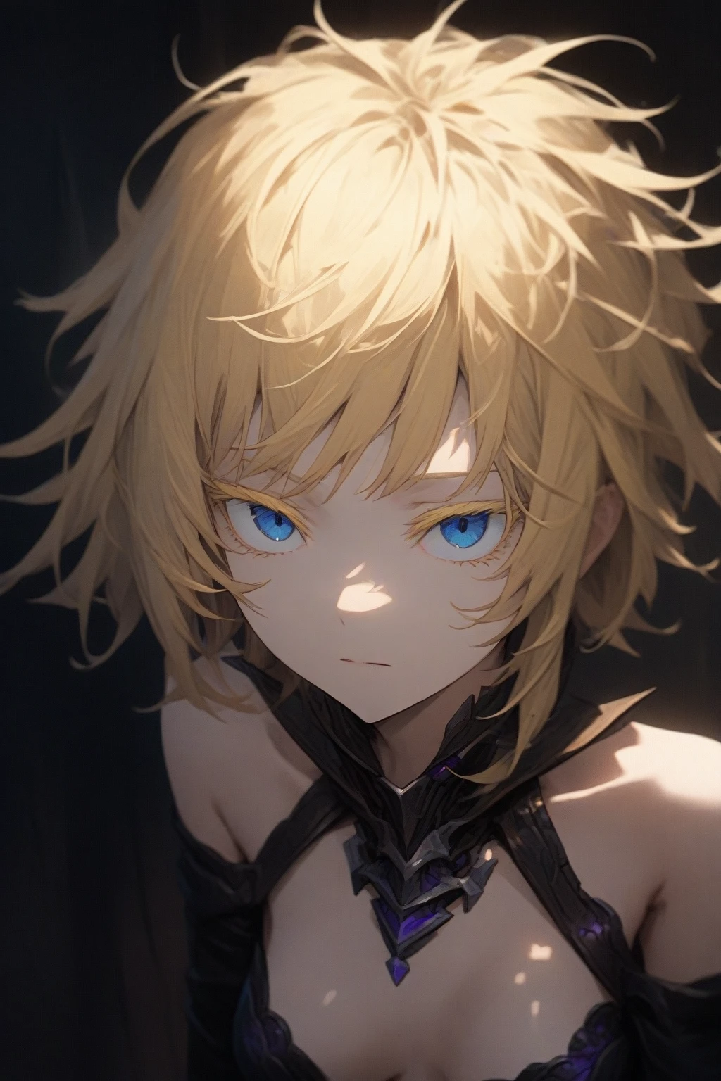 masterpiece, best quality, very aesthetic, absurdres,1girl,(hyper detailed eyes),blonde hair,short hair,[disheveled hair],colored eyelashes,blonde eyelashes,blue eyes,(sharp eyes),(slanted eyes),choppy bangs,medium breasts,clear face,expressionless,slut,brothel,